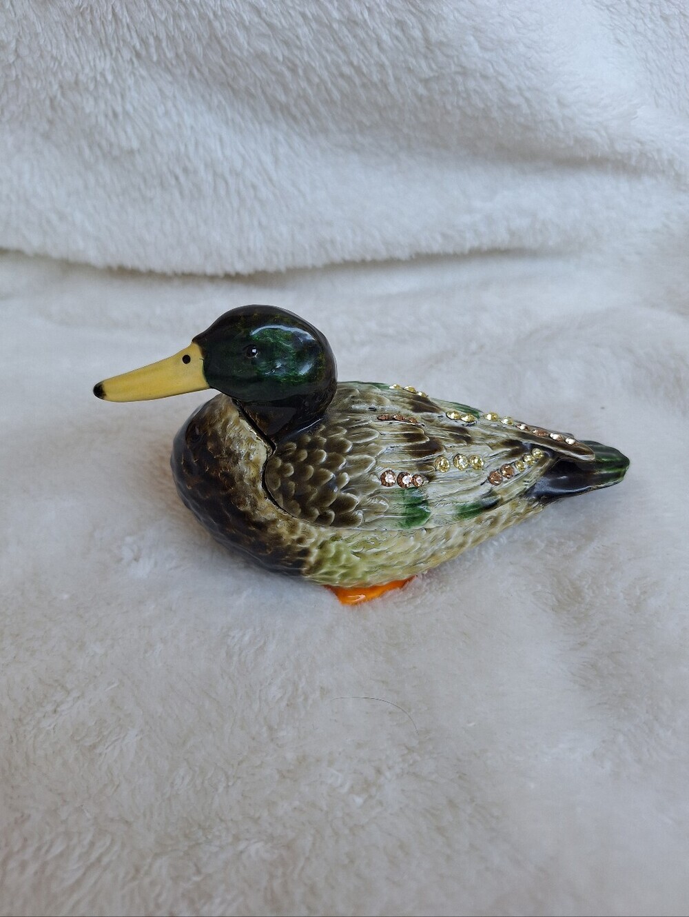 High End Bejeweled Mallard Duck Enamel Trinket Box Heavy Pewter Crystals